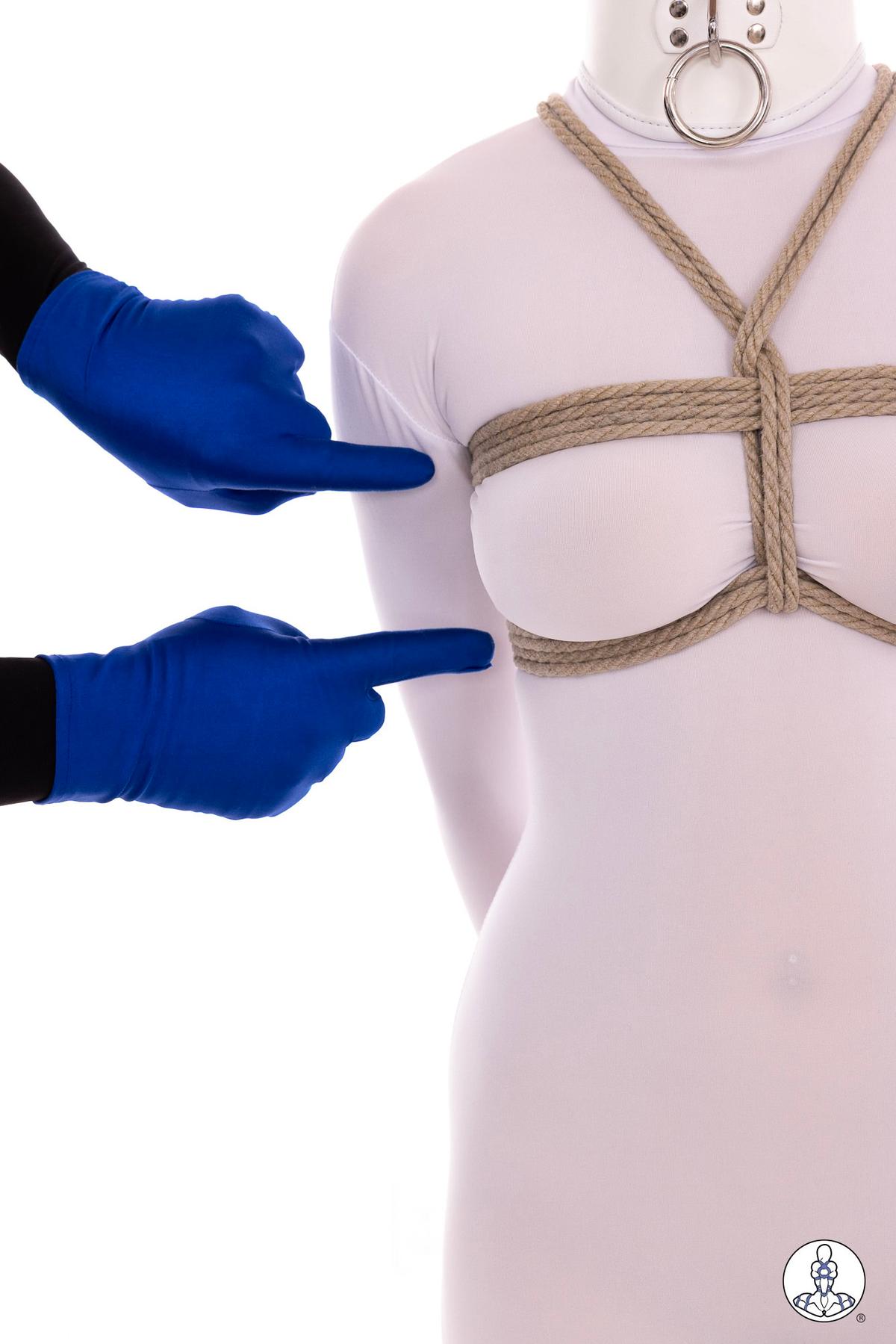 Chest harness tie on white mannequin torso using natural jute rope, showing horizontal wraps around underbust with vertical connecting lines forming a basic karada pattern. Blue-gloved hands positioned at sides demonstrate hand placement.