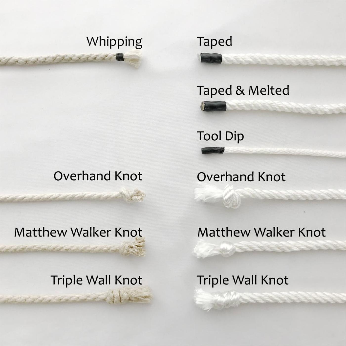 Comparison of eight rope end finishing techniques displayed on white twisted rope, including whipping, taped, taped and melted, tool dip, overhand knot, Matthew Walker knot, and triple wall knot methods.