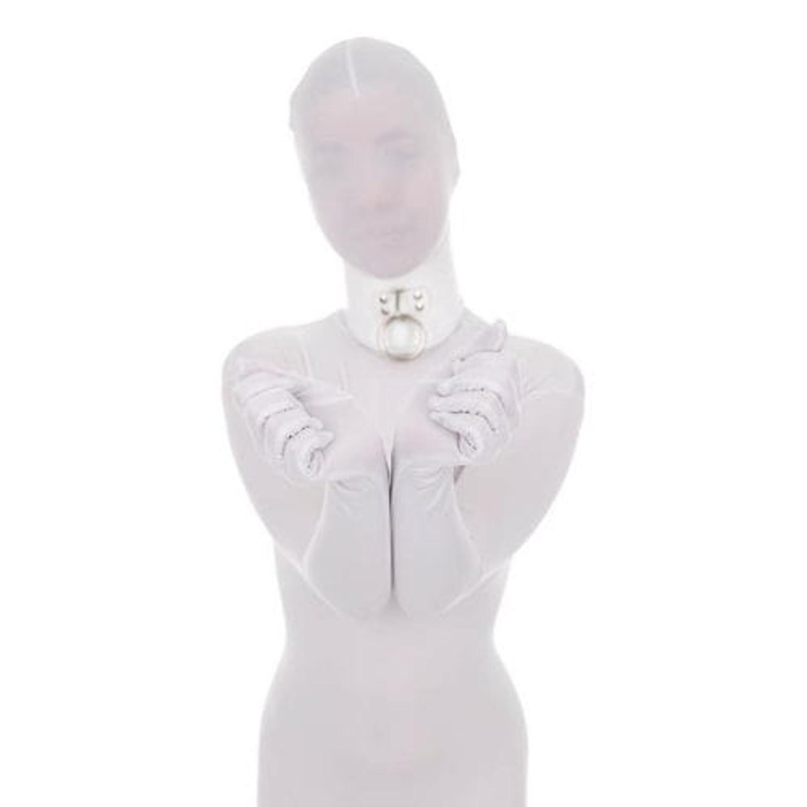 White rope binding both wrists together in front of chest with prayer position hands, and white rope collar around neck with metal ring attachment, demonstrated on mannequin.