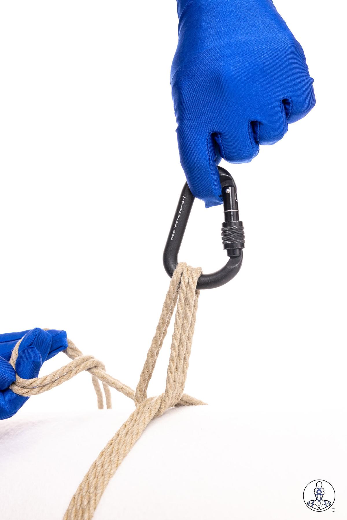 Blue-gloved hand holding a black locking carabiner attached to natural jute rope strands, demonstrating rigging hardware integration with rope bondage setup.