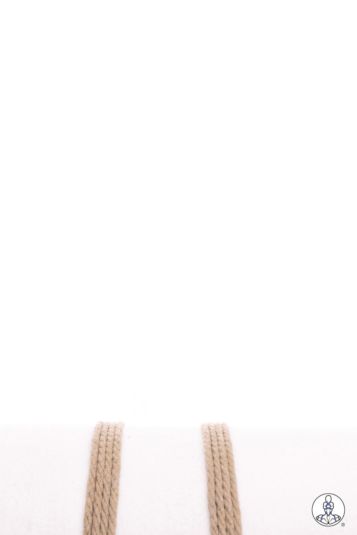 Two parallel lengths of natural-colored jute rope laid vertically against a white background, showing the twisted fiber texture of the rope material.