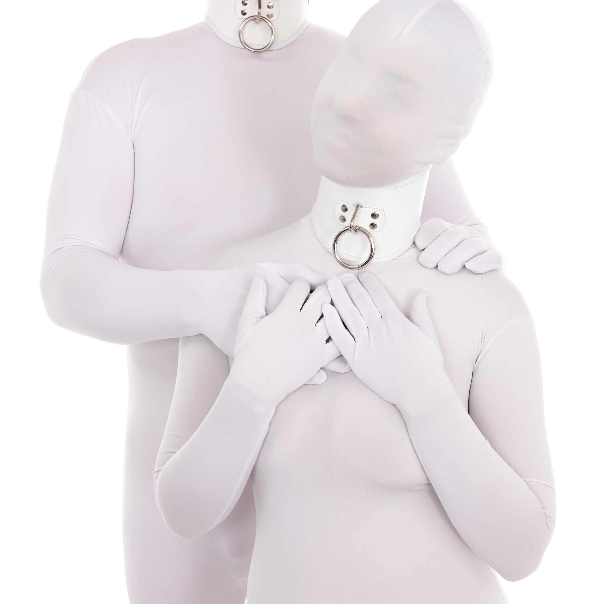 Different Bodies - A man and woman, both wearing white bodysuits called "zentas"