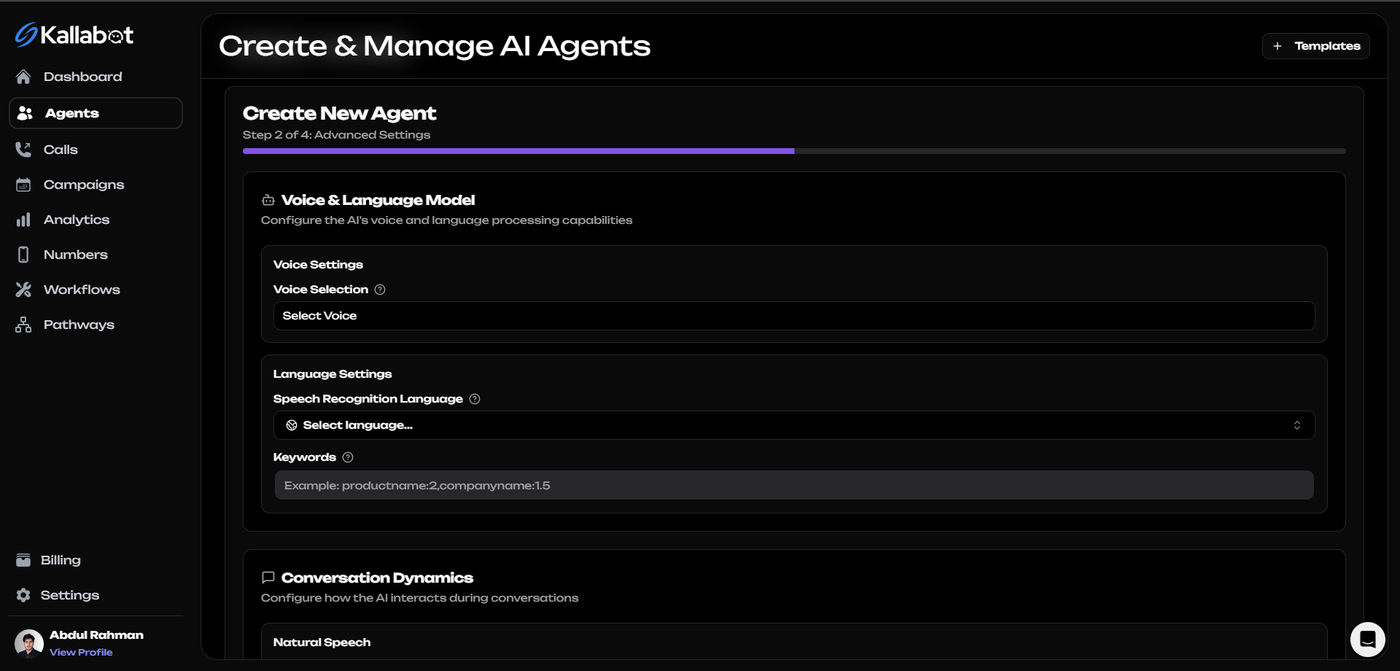 Kallabot AI Advanced Settings Voice and Language Section