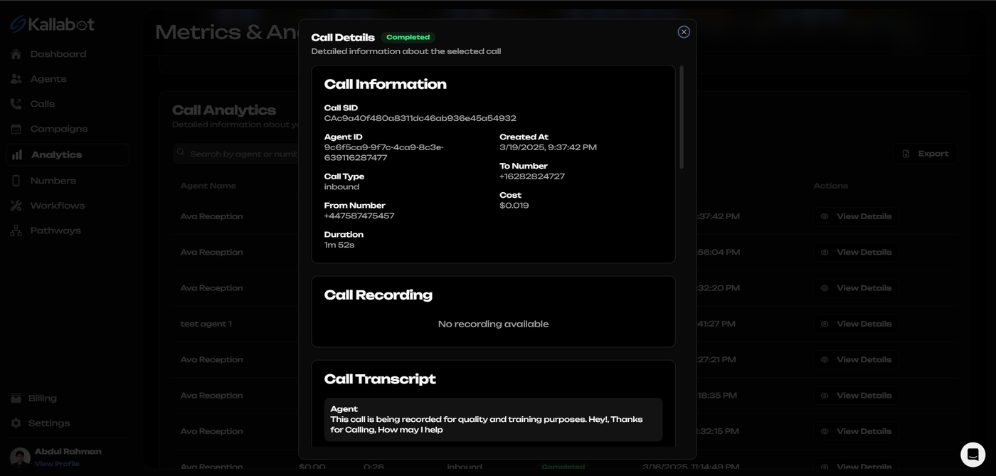 Kallabot AI Analytics Call Logs