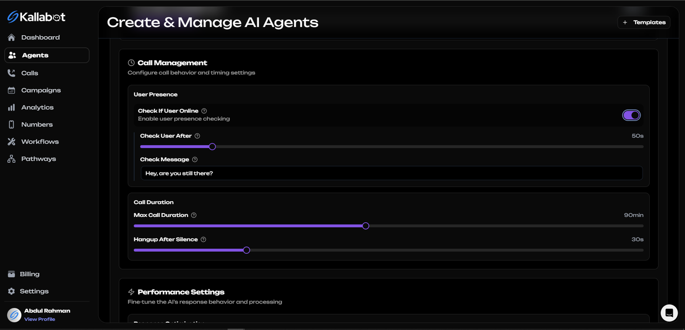 Kallabot AI Call Management Section