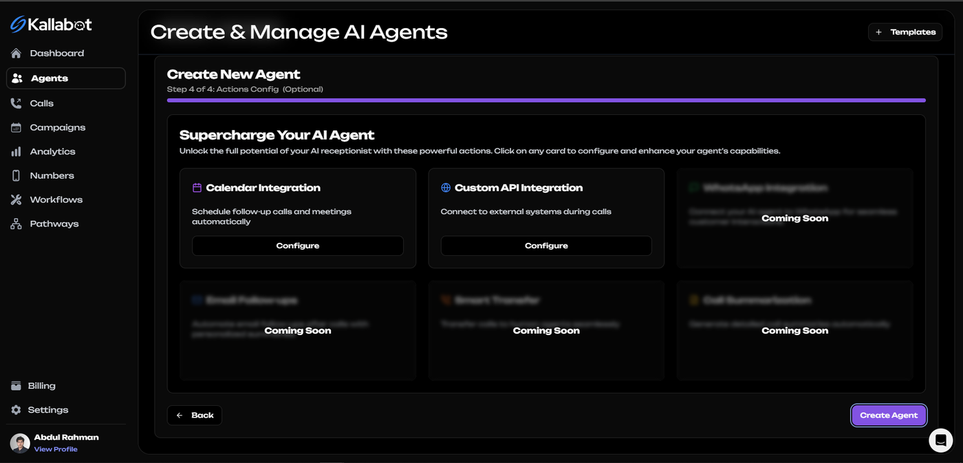 Kallabot AI API Integrations Section