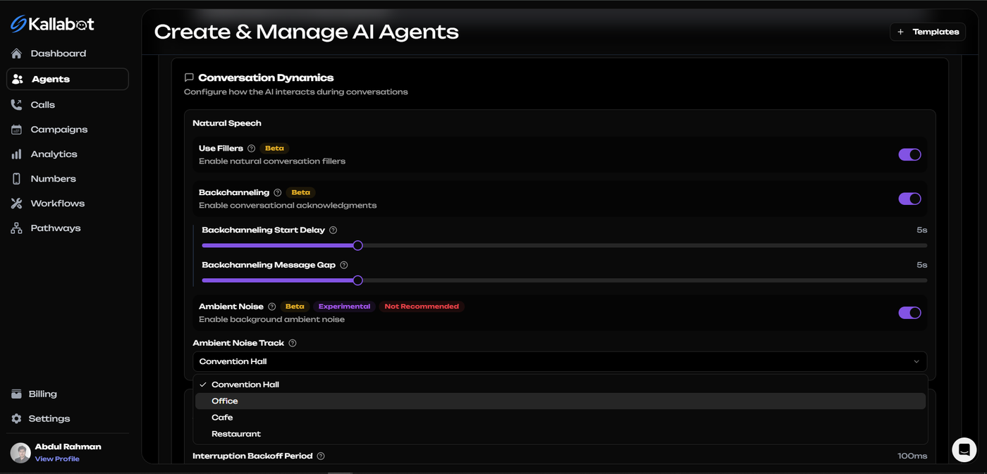 Kallabot AI Advanced Settings Conversation Dynamics Section