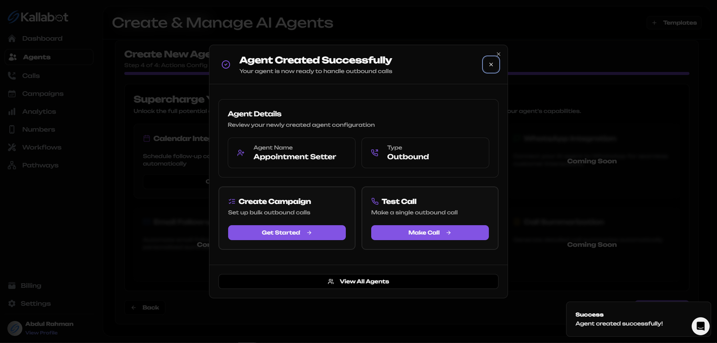 Kallabot AI Agent Creation Success Message