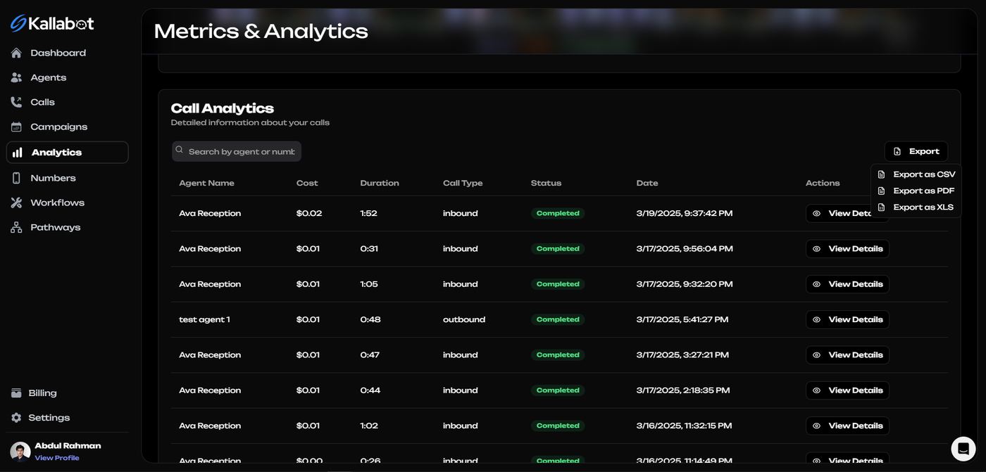 Kallabot AI Analytics Page