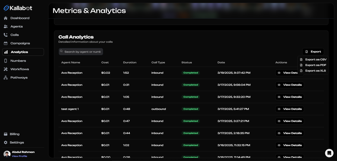 Kallabot AI Analytics Page