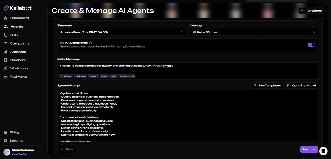 Kallabot AI Prompt Editor Section