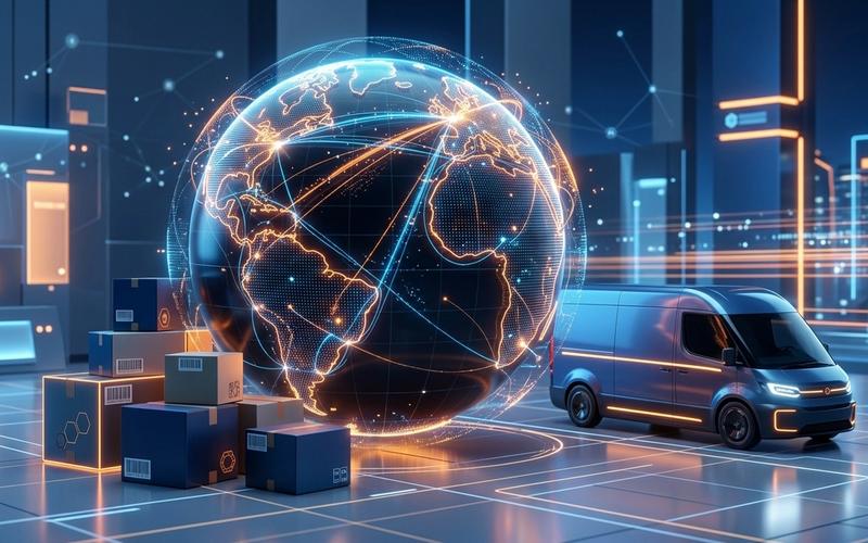 A modern digital illustration of a global logistics network with glowing route lines and shipping assets, symbolizing shipping company growth.
