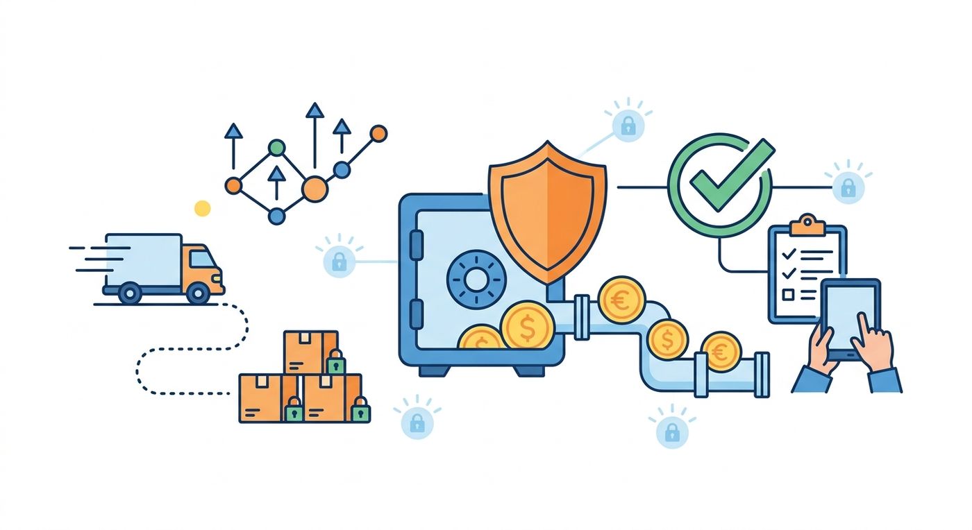 A flat editorial illustration representing secure logistics financial management and the prevention of cash leakage.