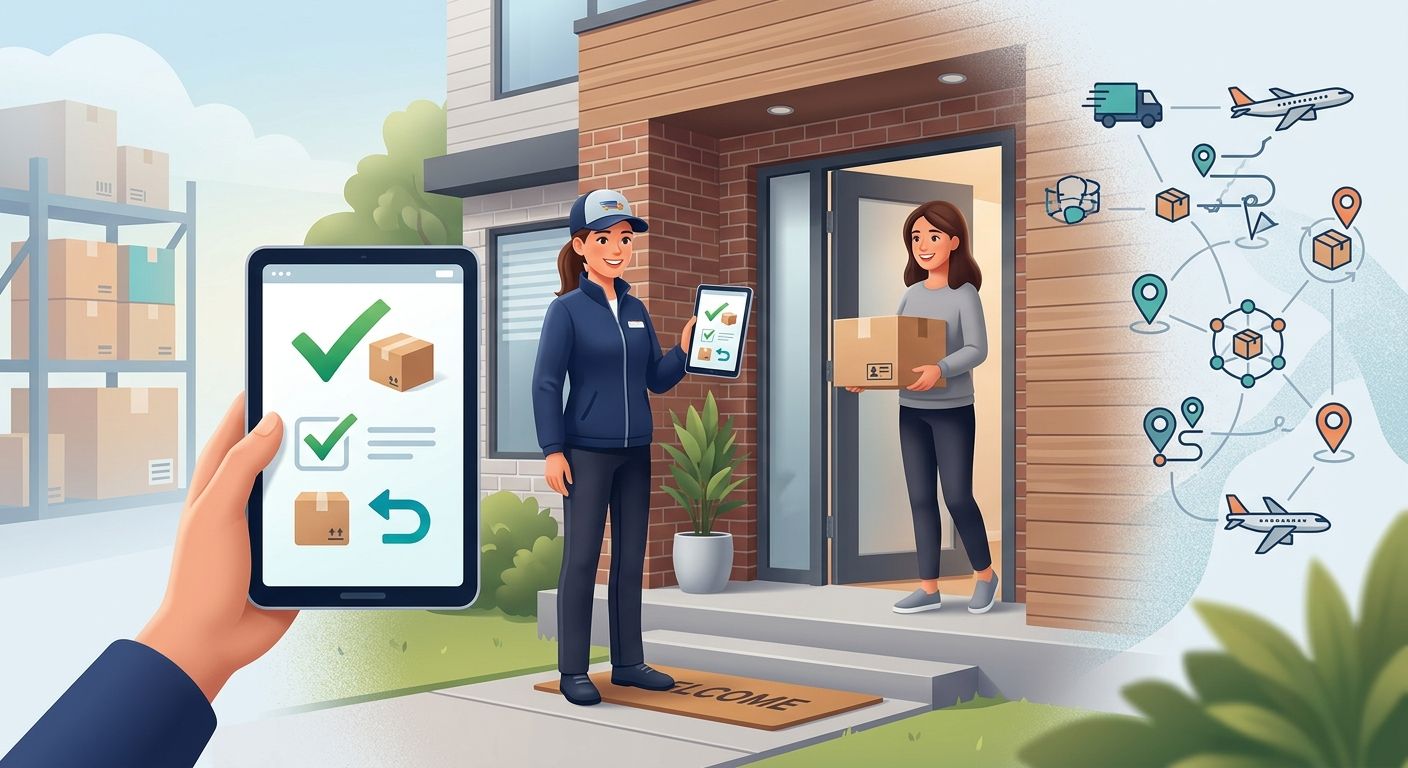 A modern editorial illustration depicting a partial delivery workflow at the doorstep with split items and a digital tablet syncing in real time.