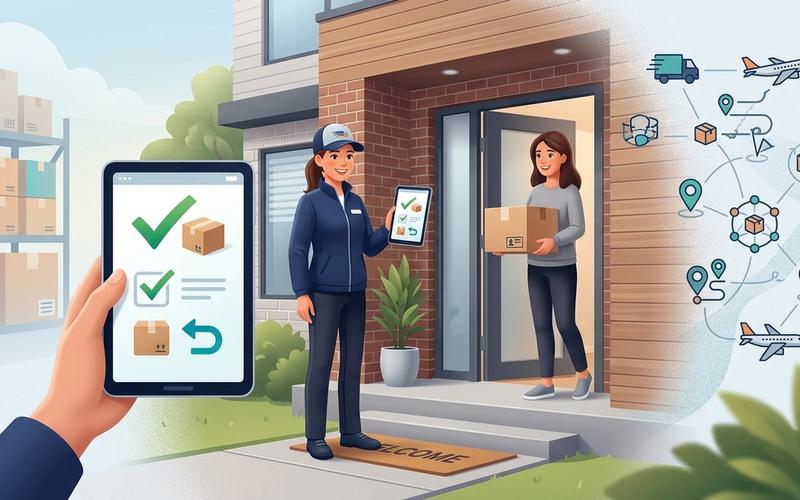 A modern editorial illustration depicting a partial delivery workflow at the doorstep with split items and a digital tablet syncing in real time.