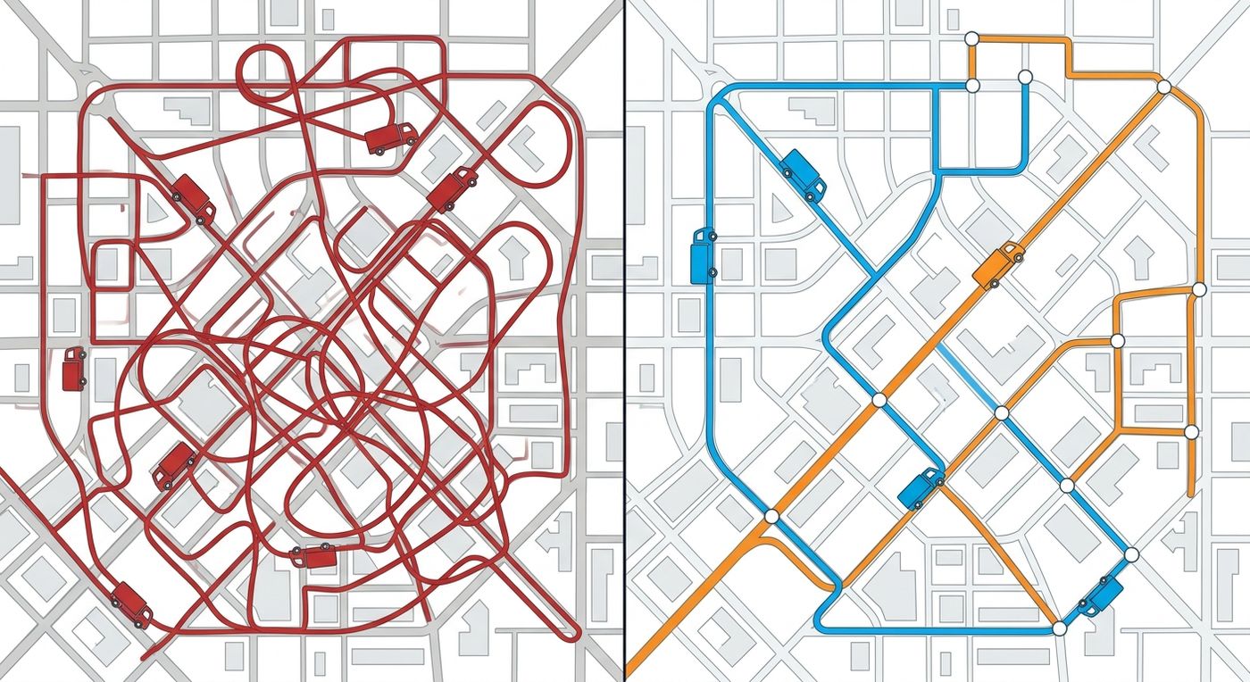 A technical diagram comparing chaotic manual routing with overlapping zones versus clean, automated route optimization with distinct, non-overlapping paths.