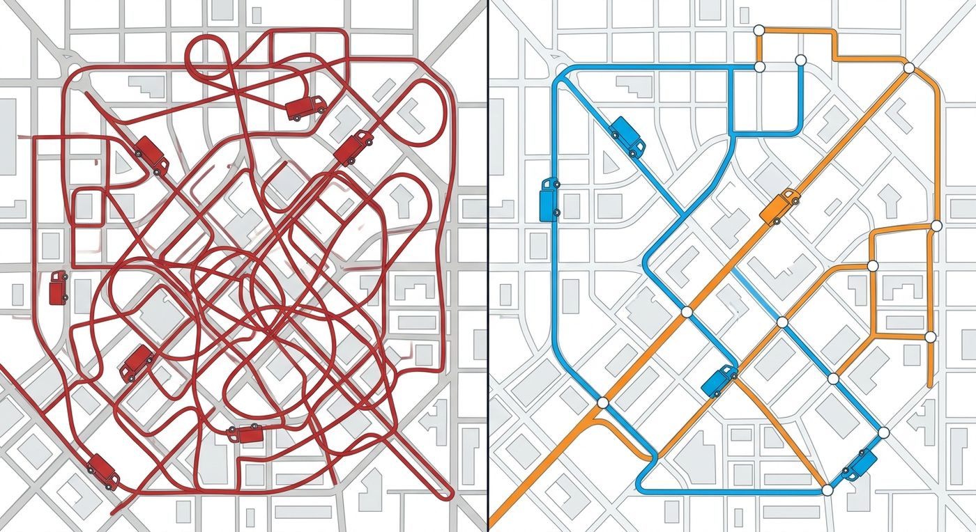 A technical diagram comparing chaotic manual routing with overlapping zones versus clean, automated route optimization with distinct, non-overlapping paths.