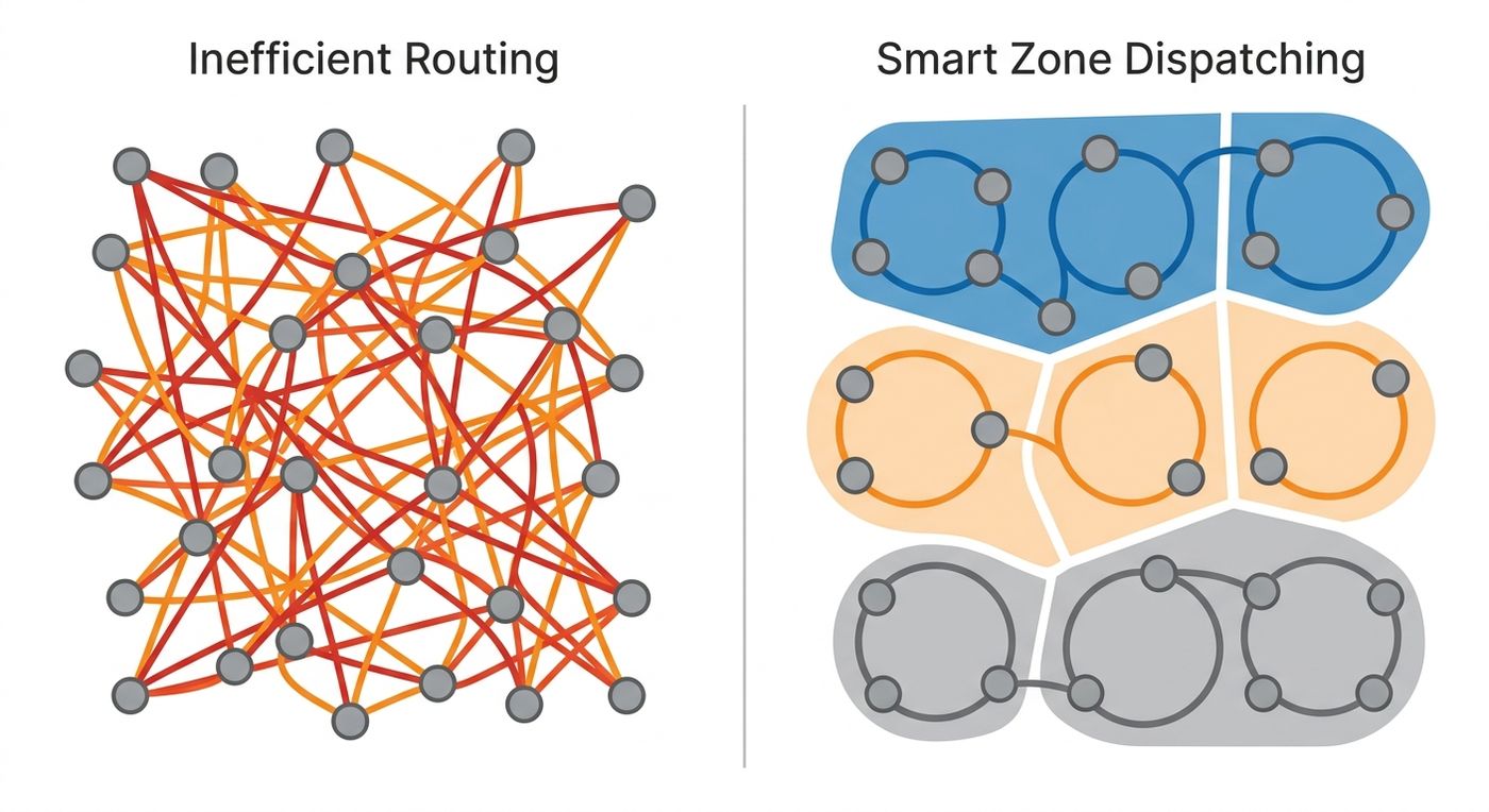 A comparison diagram showing chaotic overlapping delivery routes versus organized, color-coded smart zone dispatching.