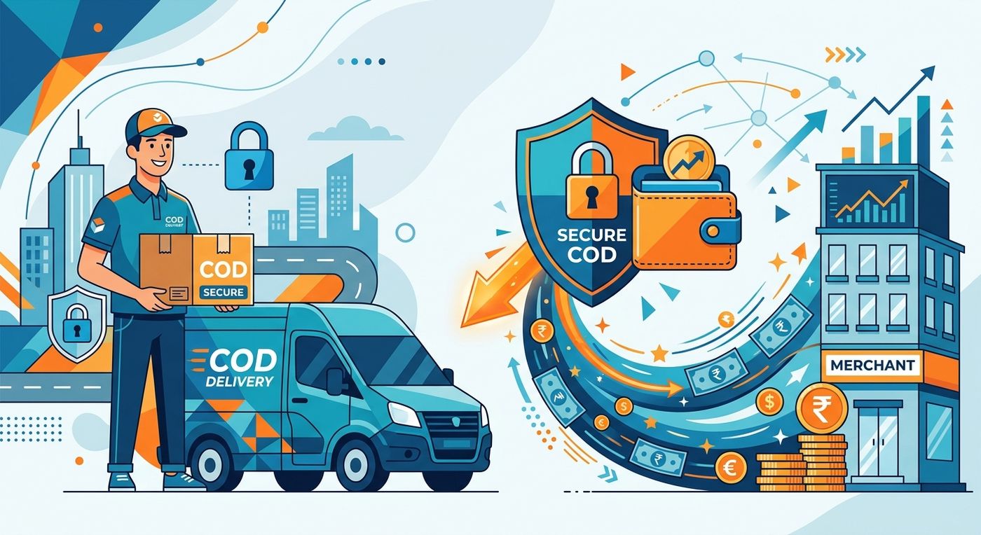 رسوم توضيحية مسطحة تبين الربط الآمن بين تحصيل المندوبين للنقد والمدفوعات الرقمية الفورية لتجار التجارة الإلكترونية.