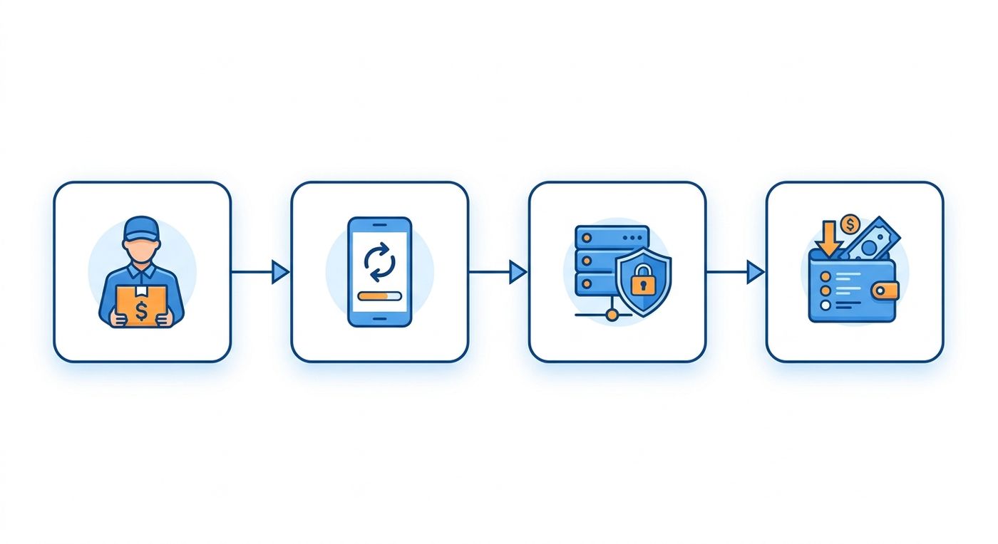 A technical flowchart diagram showing the step-by-step real-time COD reconciliation process from driver collection to merchant wallet payout.