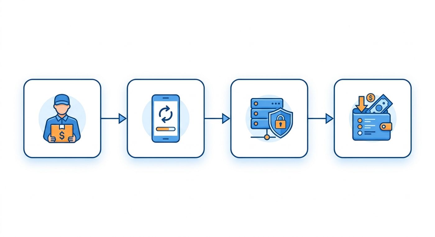 A technical flowchart diagram showing the step-by-step real-time COD reconciliation process from driver collection to merchant wallet payout.