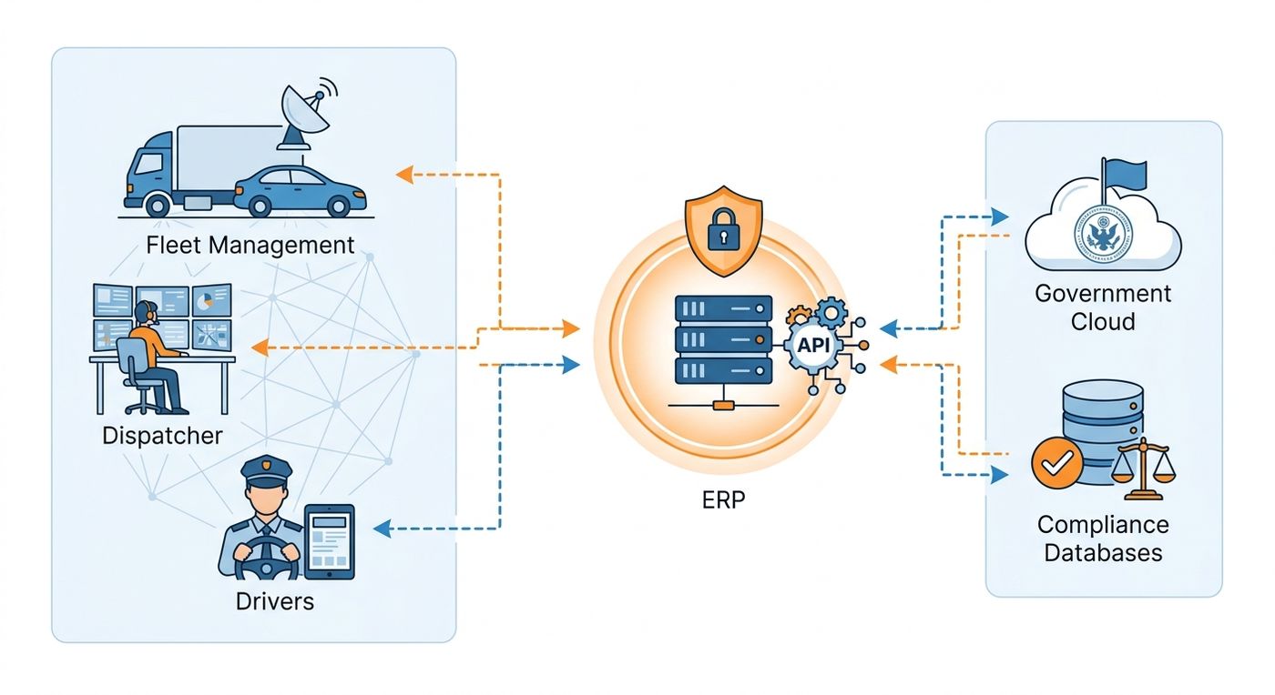 Technical diagram of a logistics ERP system integrating local fleet data with Saudi regulatory compliance portals in real time.