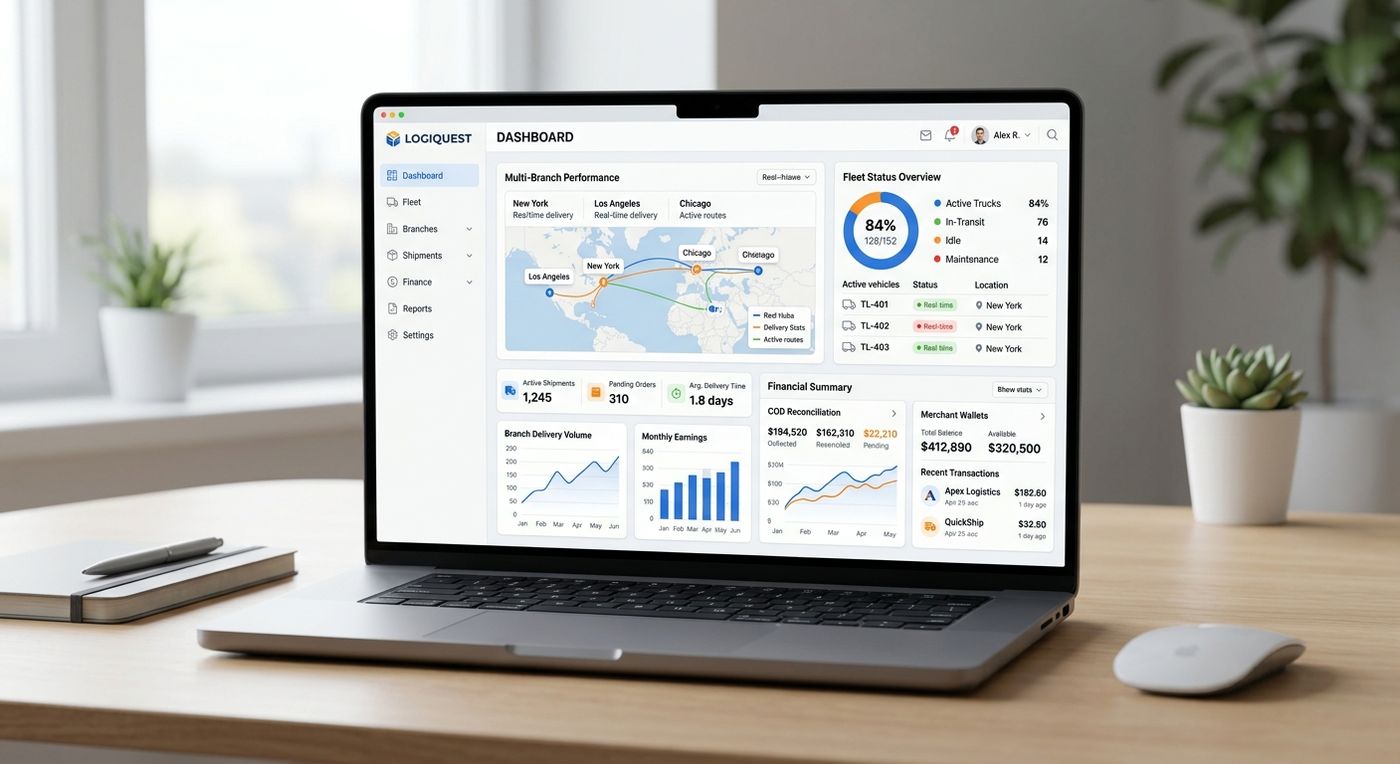 Shiprex SaaS dashboard on a laptop displaying multi-branch logistics analytics, fleet status, and financial reconciliation for UAE 3PL operations.