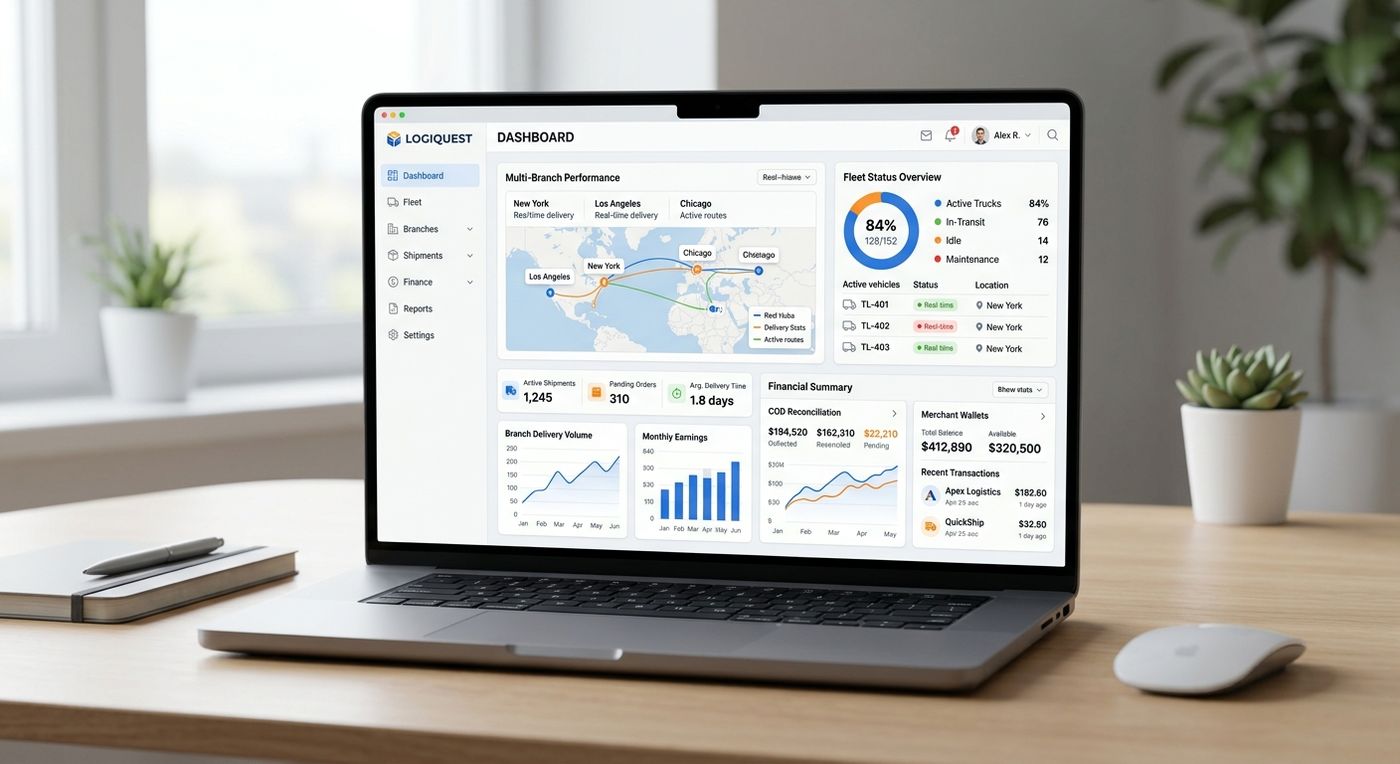 Shiprex SaaS dashboard on a laptop displaying multi-branch logistics analytics, fleet status, and financial reconciliation for UAE 3PL operations.