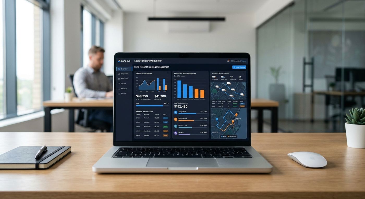 Modern SaaS dashboard mockup of Shiprex's logistics ERP showing multi-tenant shipping management and COD reconciliation.