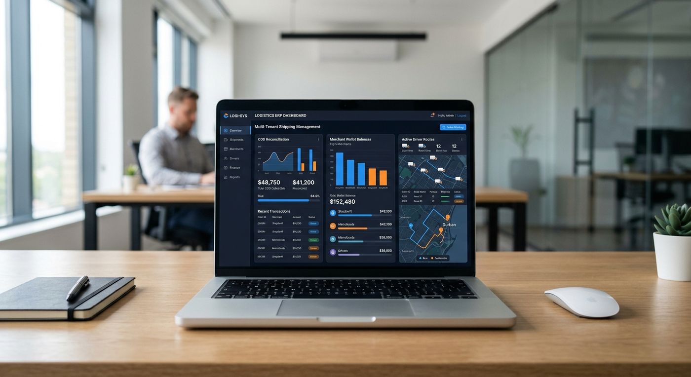Modern SaaS dashboard mockup of Shiprex's logistics ERP showing multi-tenant shipping management and COD reconciliation.