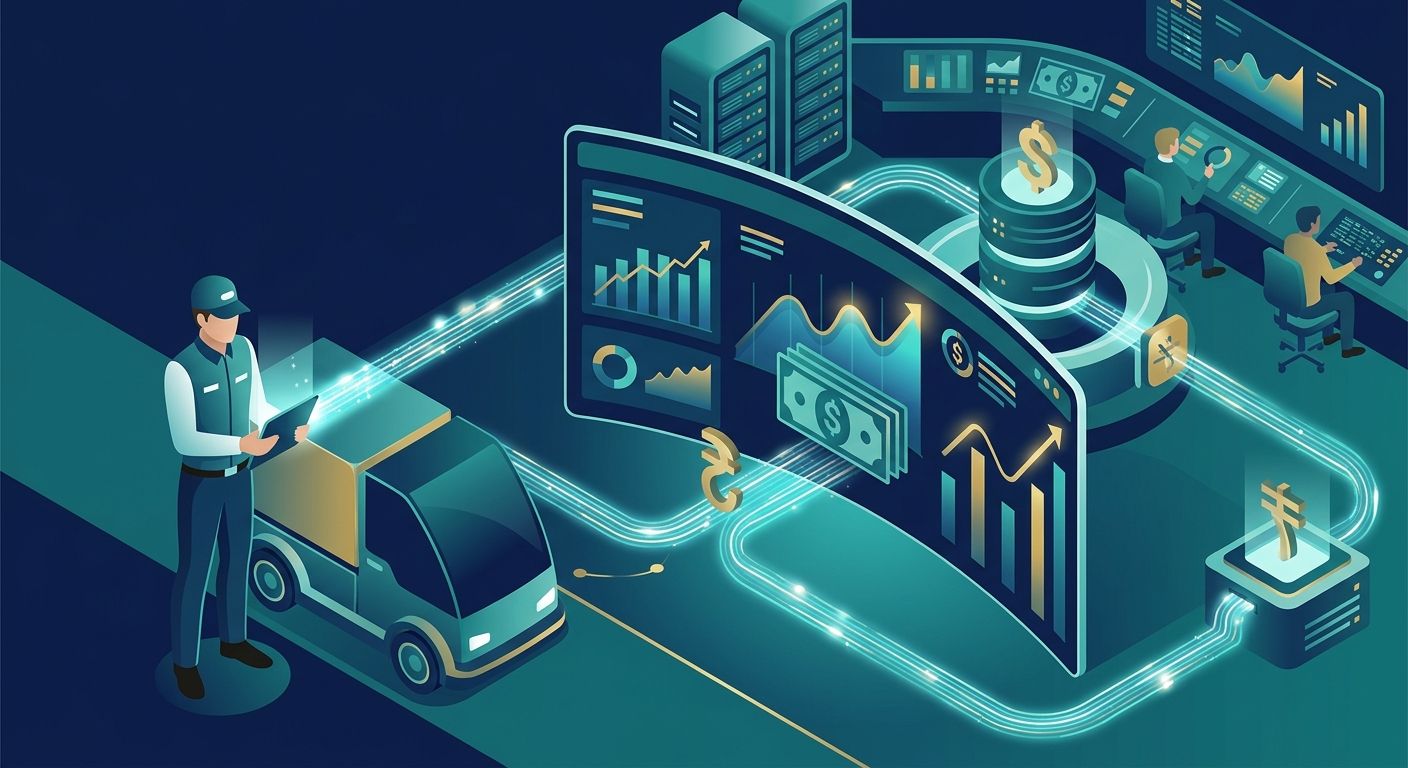 An isometric illustration showing a KSA delivery driver connected to a dynamic commission and COD settlement digital dashboard
