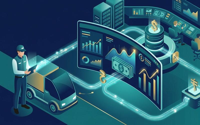 An isometric illustration showing a KSA delivery driver connected to a dynamic commission and COD settlement digital dashboard