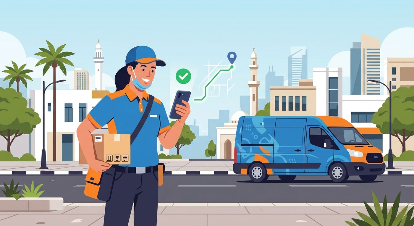 Flat vector illustration of a delivery courier receiving a real-time route update on their mobile device to ensure successful GCC last-mile delivery.