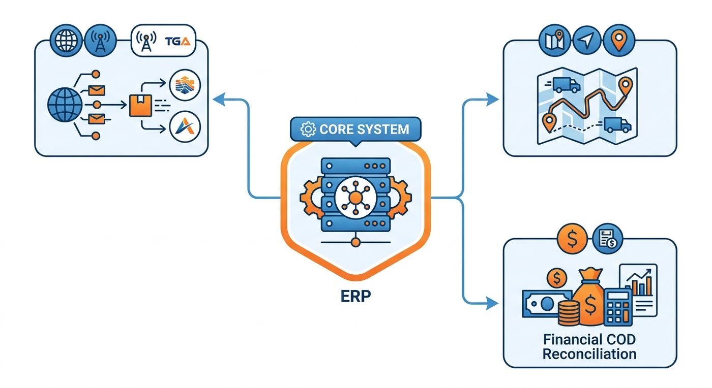 A technical diagram illustrating the automated data flow of the Shiprex logistics ERP, connecting order dispatch, WASL and TGA API integration, and real-time financial reconciliation.