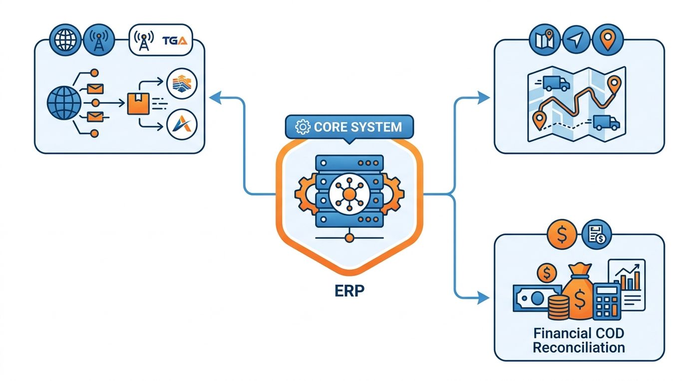 A technical diagram illustrating the automated data flow of the Shiprex logistics ERP, connecting order dispatch, WASL and TGA API integration, and real-time financial reconciliation.