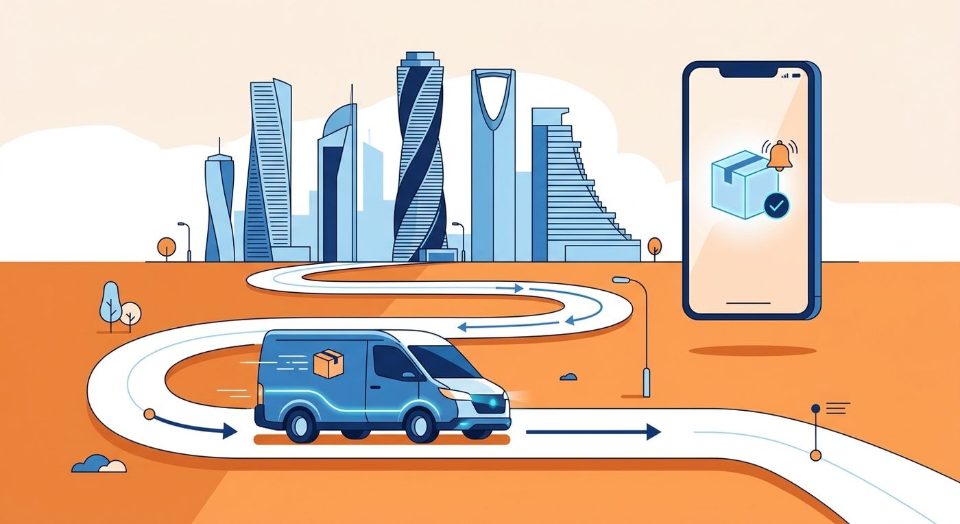 An editorial illustration of a delivery vehicle on an optimized route, demonstrating a last mile delivery management system sending automated alerts to a customer's phone.