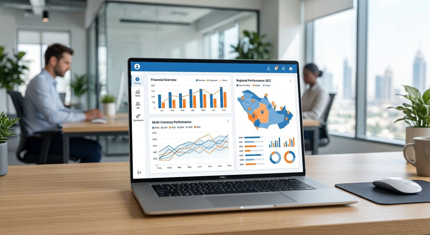 A professional SaaS dashboard on a laptop displaying multi-currency logistics metrics and GCC regional maps in a clean blue and orange interface.