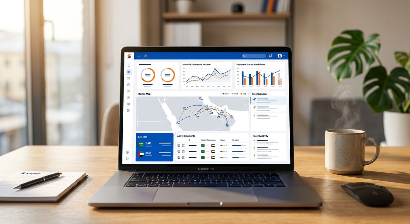 Shiprex SaaS dashboard mockup on a laptop displaying multi-currency logistics management and GCC cross-border shipment tracking.
