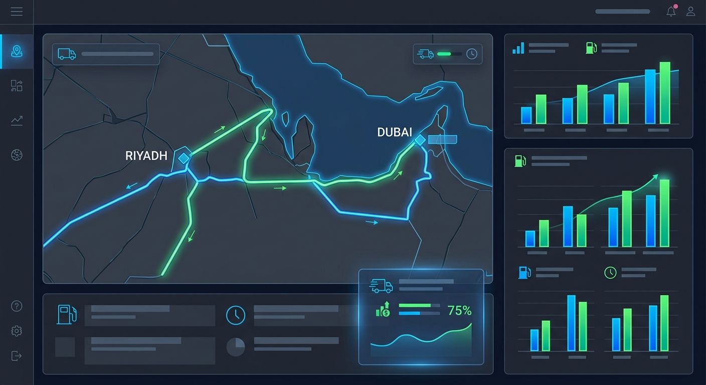 لوحة تحكم لوجستية متطورة تعرض التخطيط الديناميكي للمسارات وتتبع أسطول الشحن في مدن الخليج.