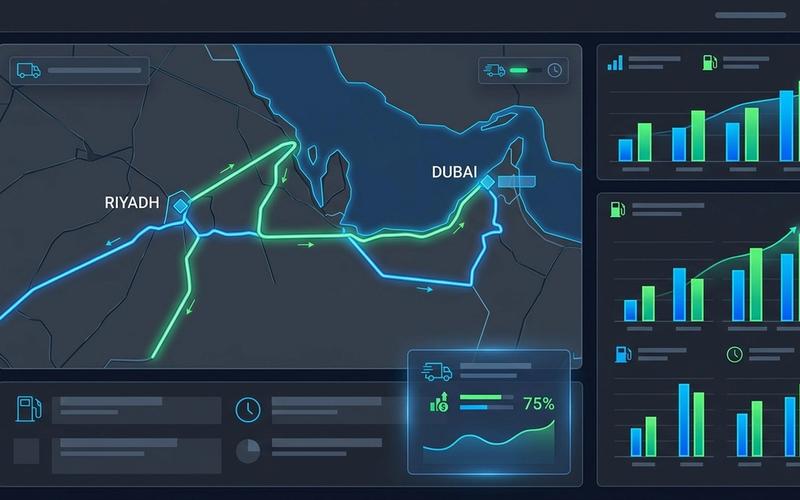 High-tech logistics dashboard displaying dynamic route optimization and delivery fleet tracking for MENA cities.