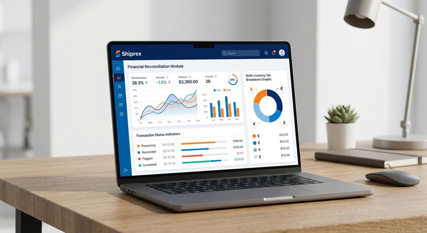 لوحة تحكم برمجيات Shiprex على جهاز كمبيوتر محمول تعرض تقارير الامتثال المالي ومسارات تدقيق الخزينة في دول الخليج.