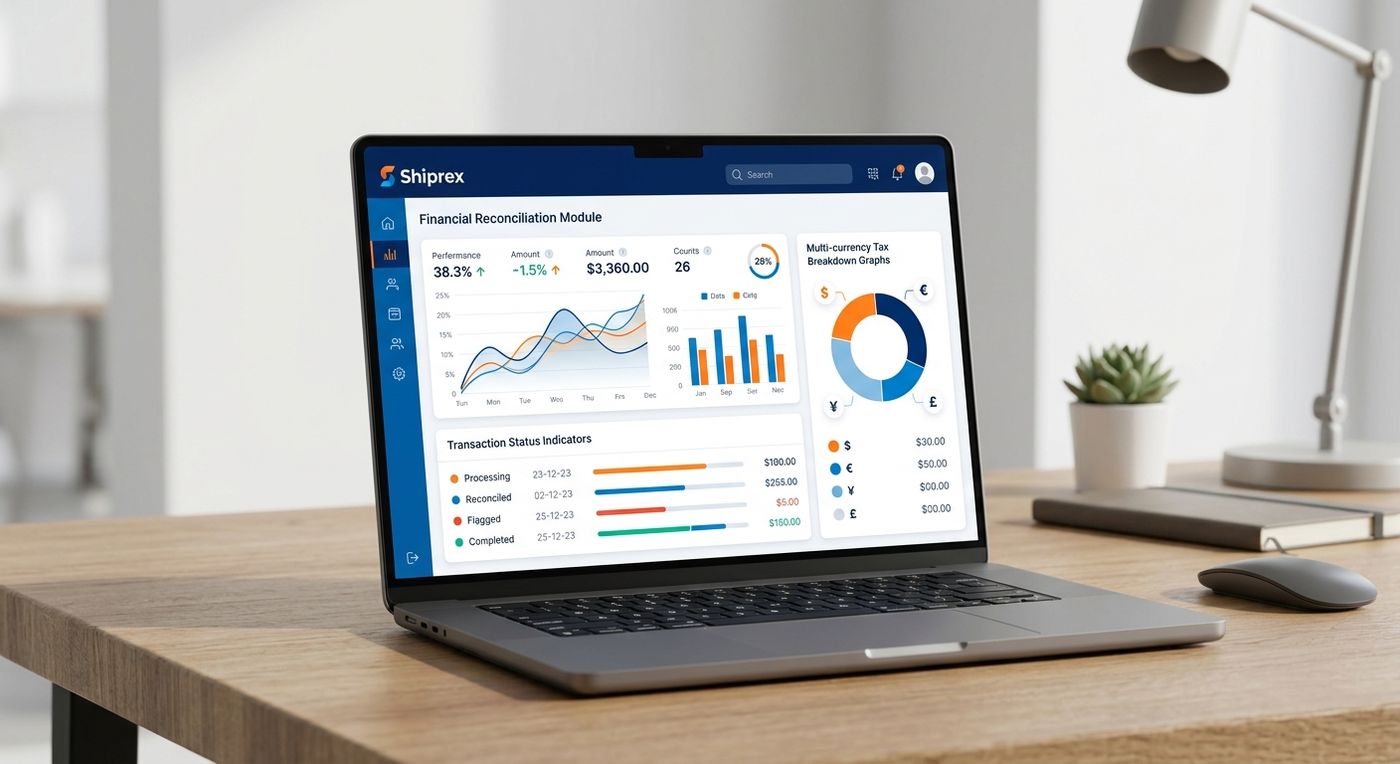 لوحة تحكم برمجيات Shiprex على جهاز كمبيوتر محمول تعرض تقارير الامتثال المالي ومسارات تدقيق الخزينة في دول الخليج.