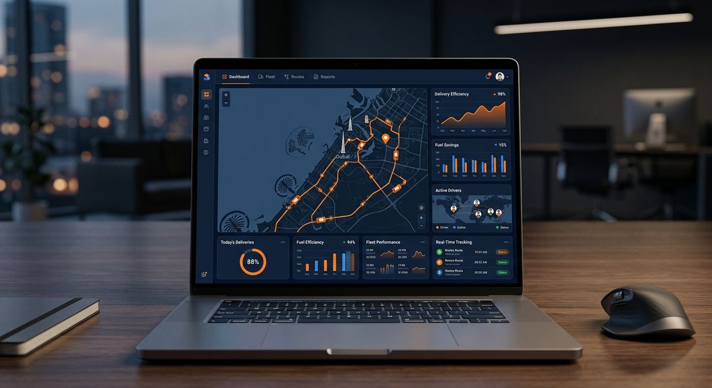 Shiprex fleet management dashboard on a laptop showing real-time route optimization and driver tracking in Dubai.