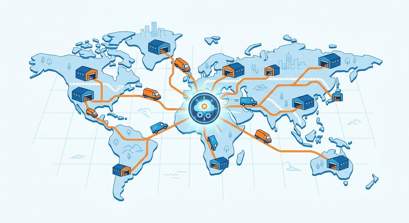 An editorial illustration of multi-branch logistics hubs connected to a central cloud shipping ERP system.