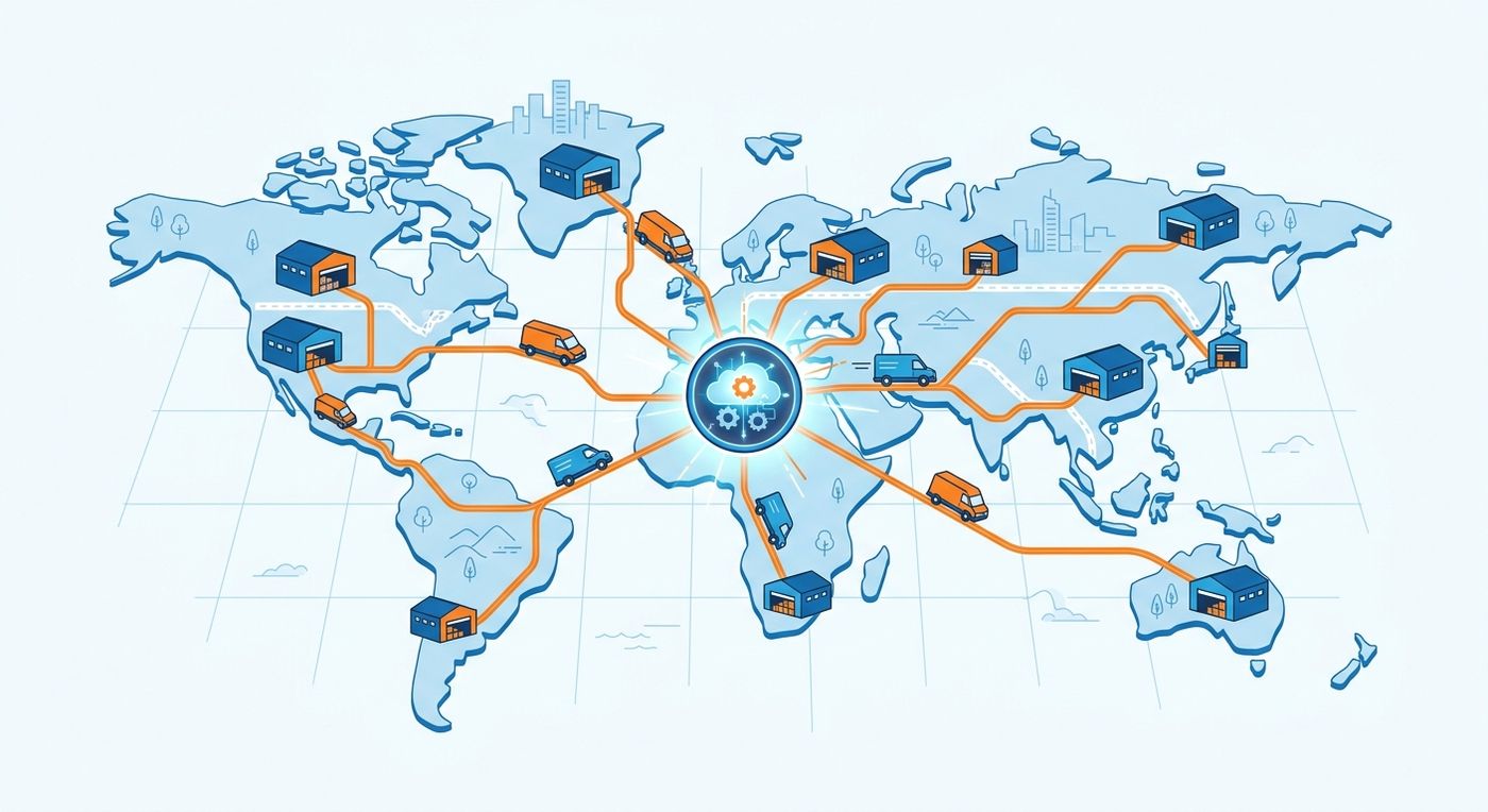 An editorial illustration of multi-branch logistics hubs connected to a central cloud shipping ERP system.
