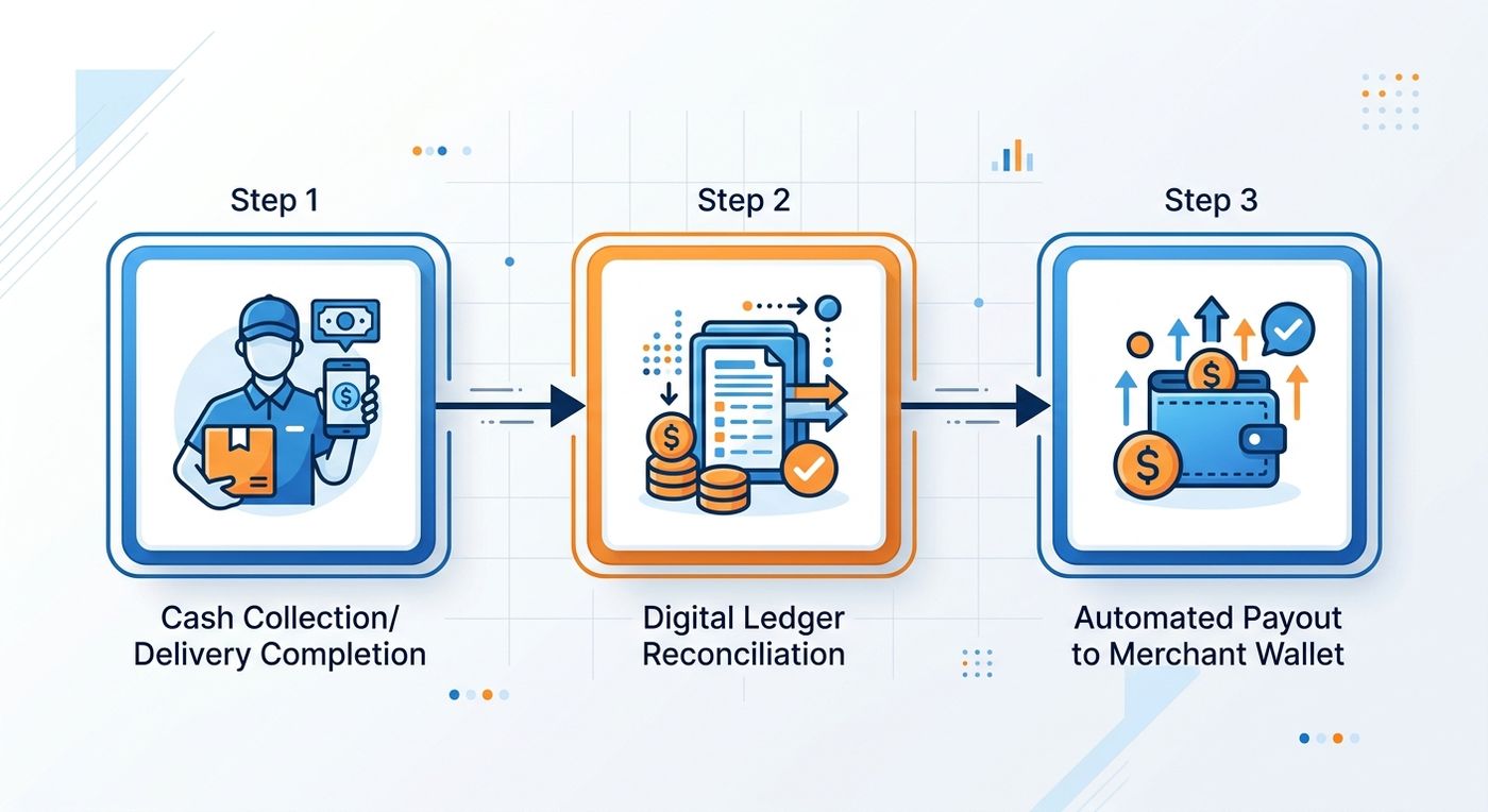 A technical flowchart diagram illustrating the automated driver cash reconciliation process from delivery collection to merchant wallet payout.
