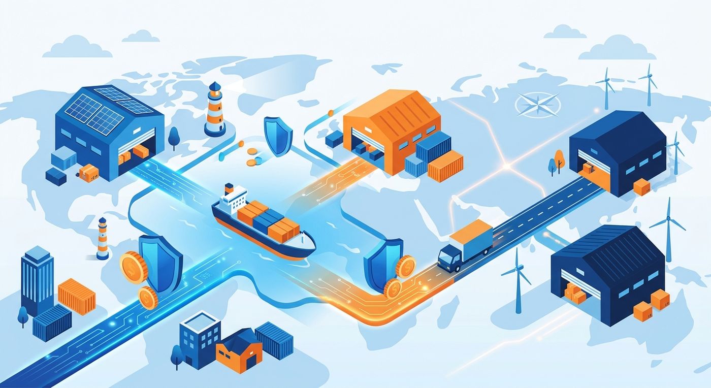 Abstract flat illustration representing secure cross-border cash flow and financial connectivity between regional logistics hubs.