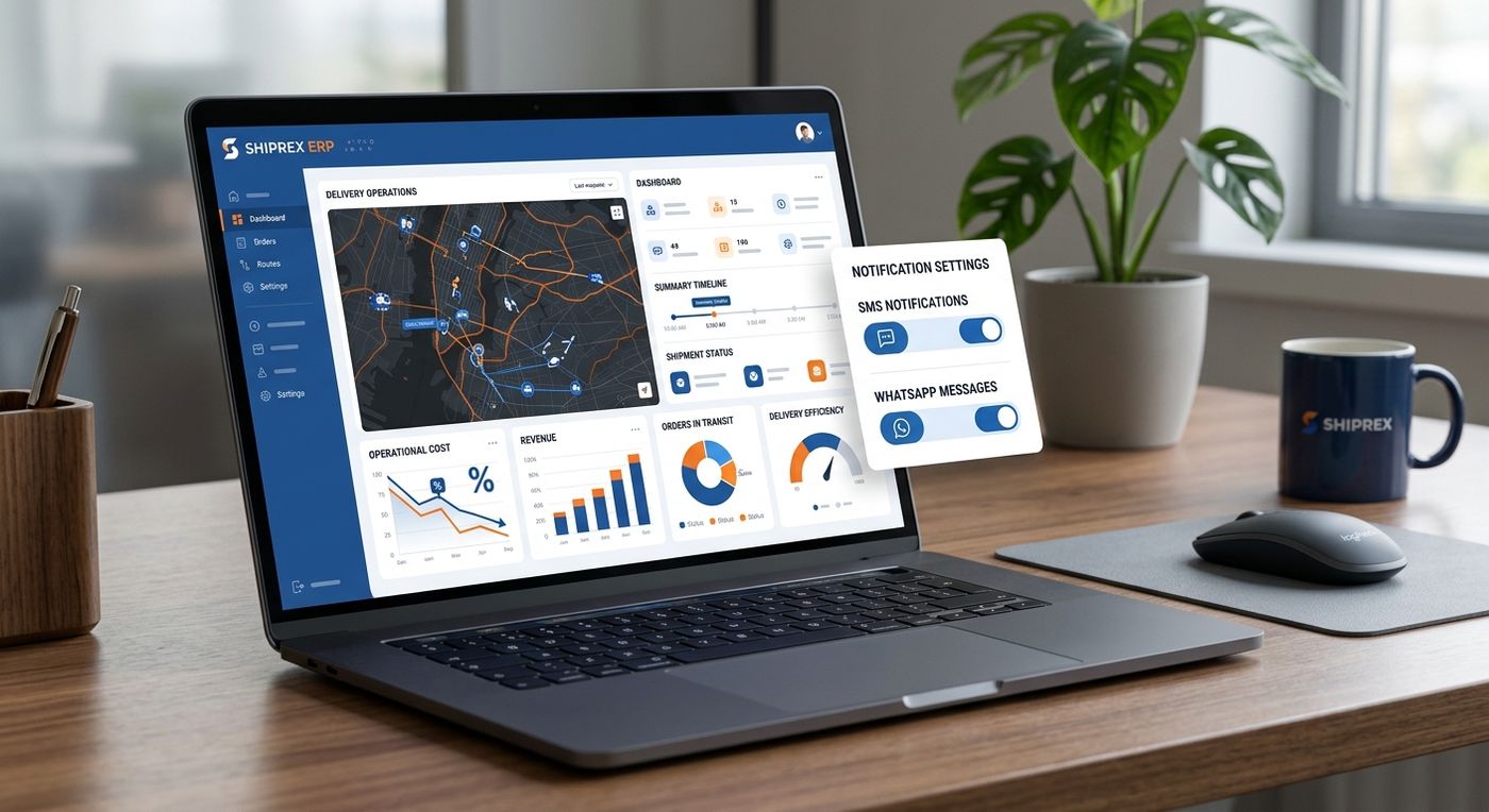 A product showcase of the Shiprex ERP dashboard on a laptop, displaying route optimization maps and notification cost analytics for shipping companies.