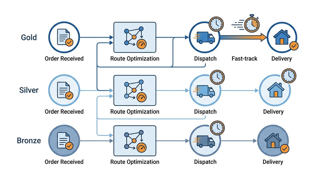 A technical diagram illustrating a tiered SLA framework with Gold, Silver, and Bronze service tracks for logistics operations.