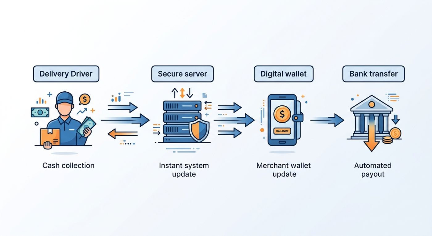 مخطط توضيحي لعملية تسوية الدفع عند الاستلام COD المؤتمتة ومدفوعات التجار في نظام ERP لإدارة الشحن.